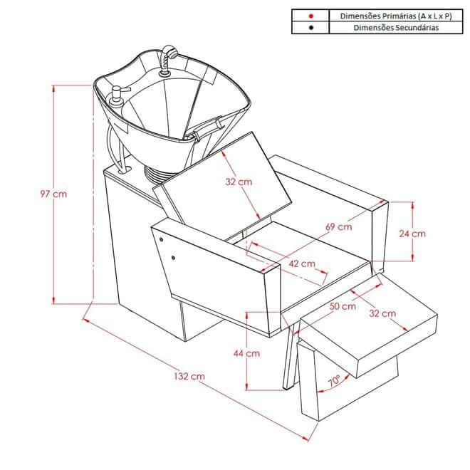 Lavatório Niágara com Cuba de Porcelana e Descanso de Pernas para Salão de beleza