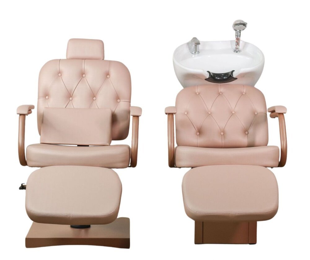 Combo Cadeira e Lavatório Rosé Beauty com Descanso de Pernas par Salão de Beleza